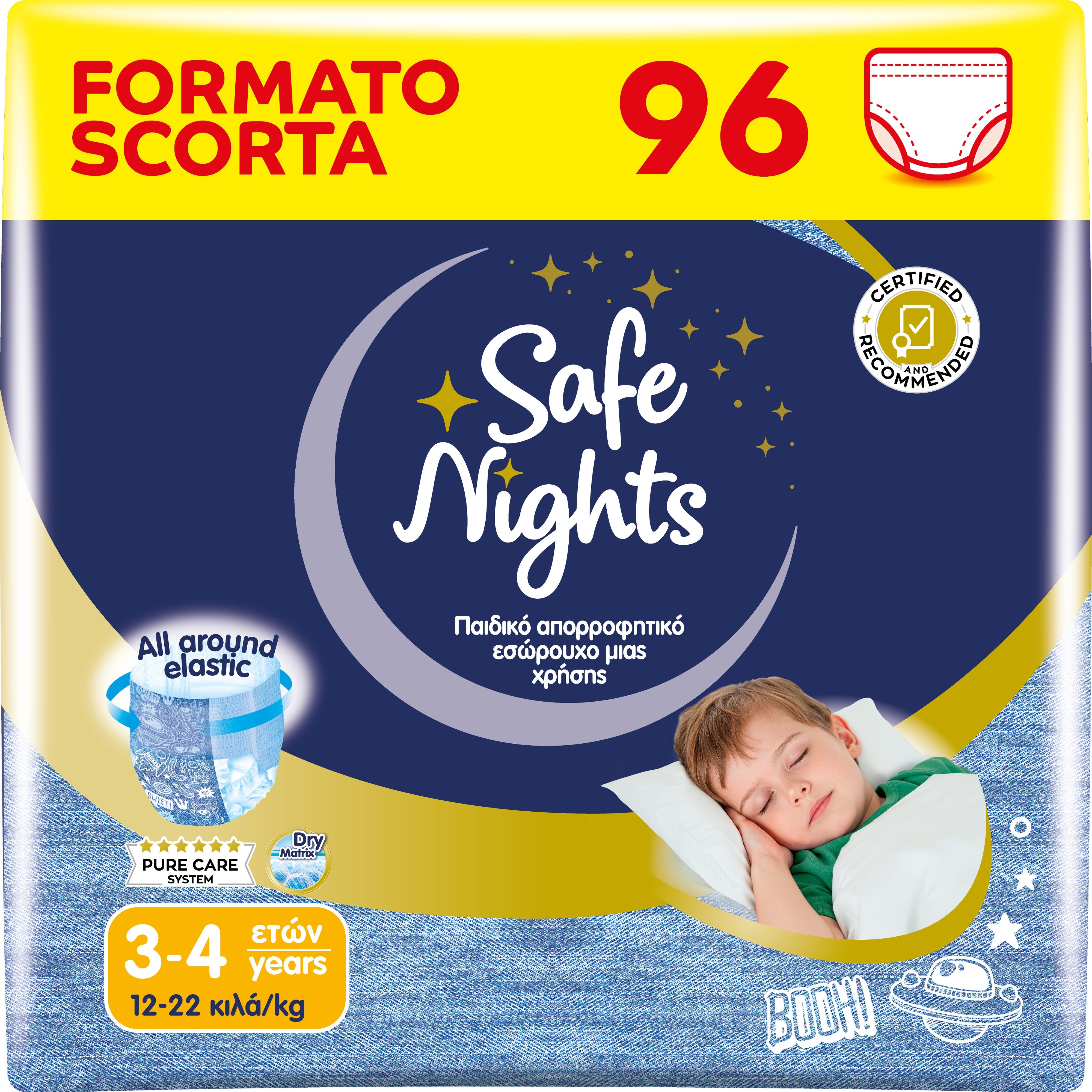 Babylino Safe Nights Boy, Mutandina Assorbente per la Notte per Bambino 3-4 anni (12-22kg), 96 Unità