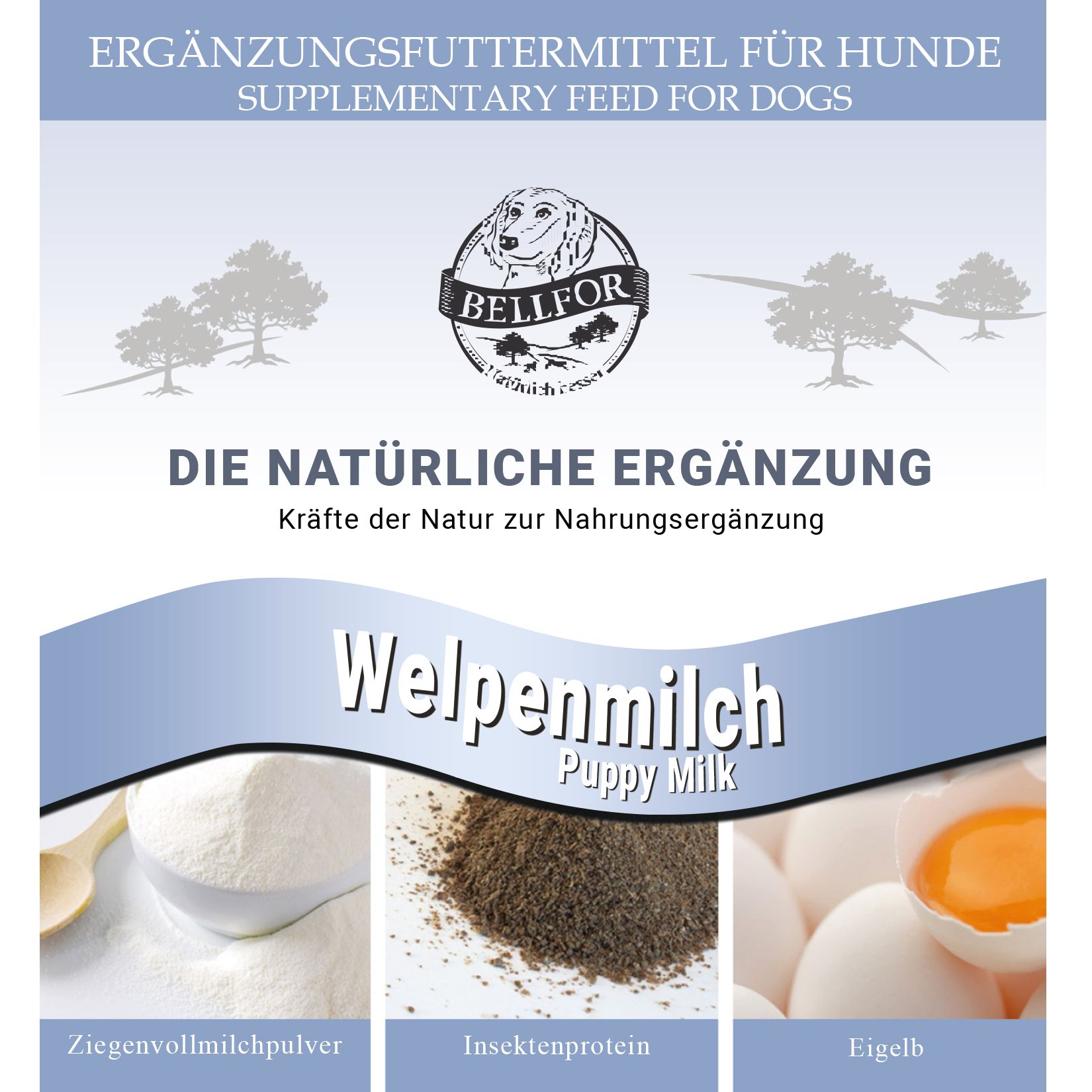 Produktabbildung: Logo mit Hund, Text: Welpenmilch, Zutaten: Ziegenvollmilchpulver, Insektenprotein, Eigelb.