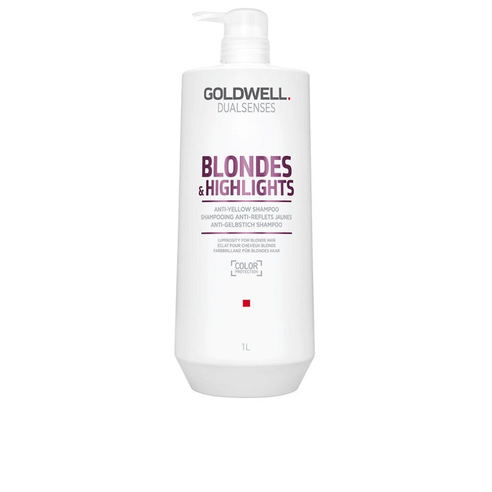 Weiße Flasche mit Pumpe. Aufschrift: Goldwell Dualsenses Blondes & Highlights Anti-Gelbstich Shampoo. 1L.