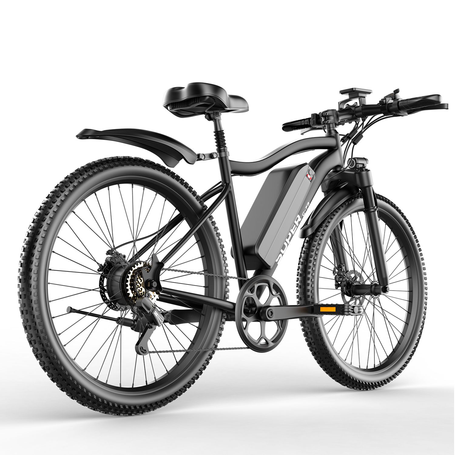 Schwarzes Elektrofahrrad, Seitenansicht. Sichtbare Details: Schutzbleche, Sattel, Pedale, Reifen, Gangschaltung.