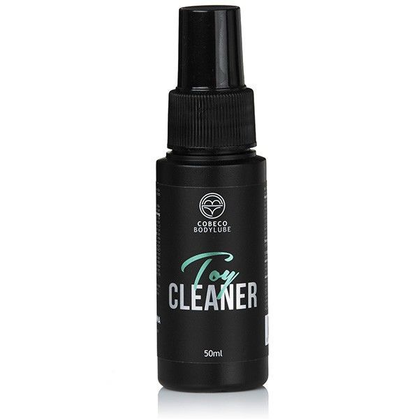 Schwarze Sprühflasche mit Aufschrift "Toy Cleaner". Logo und Schriftzug in Türkis. 50ml-Angabe.
