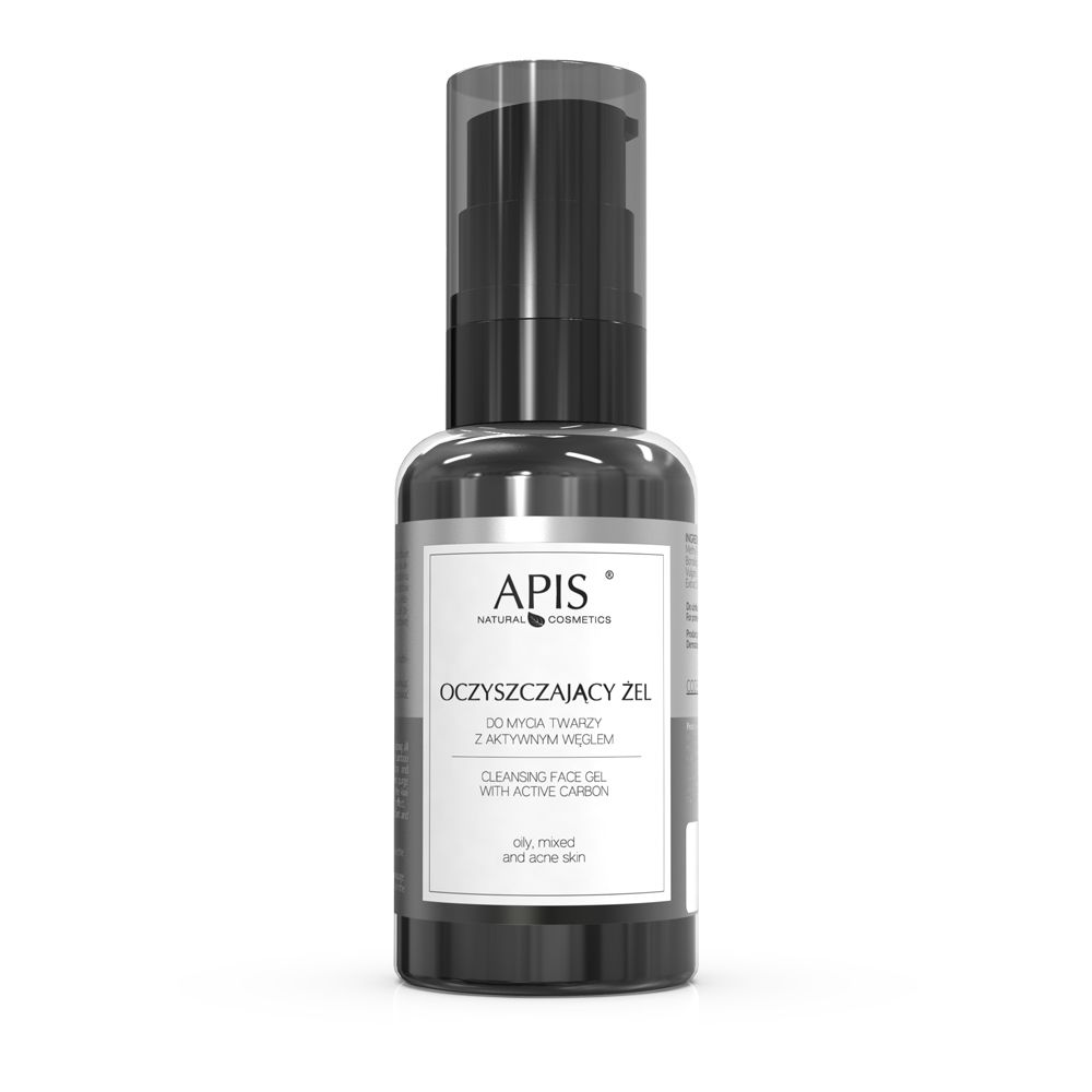 Gesichtswaschgel-Flasche mit schwarzem Pumpkopf. Weißes Etikett mit Text: APIS, Oczyszczający Zel, Cleansing Face Gel, mit Aktivkohle.