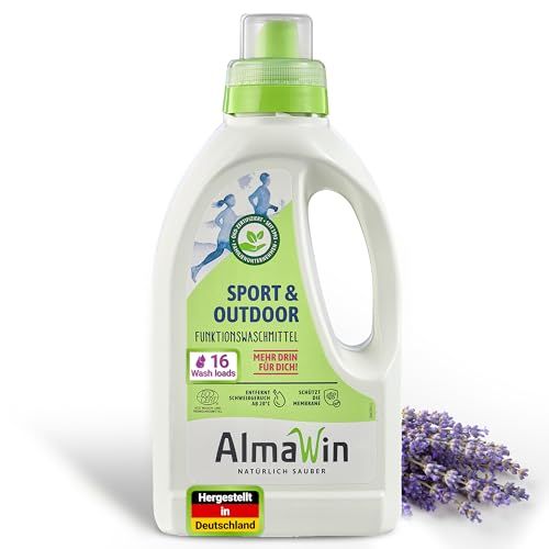 AlmaWin Sport & Outdoor Waschmittel Flasche, hergestellt in Deutschland, mit Lavendel.