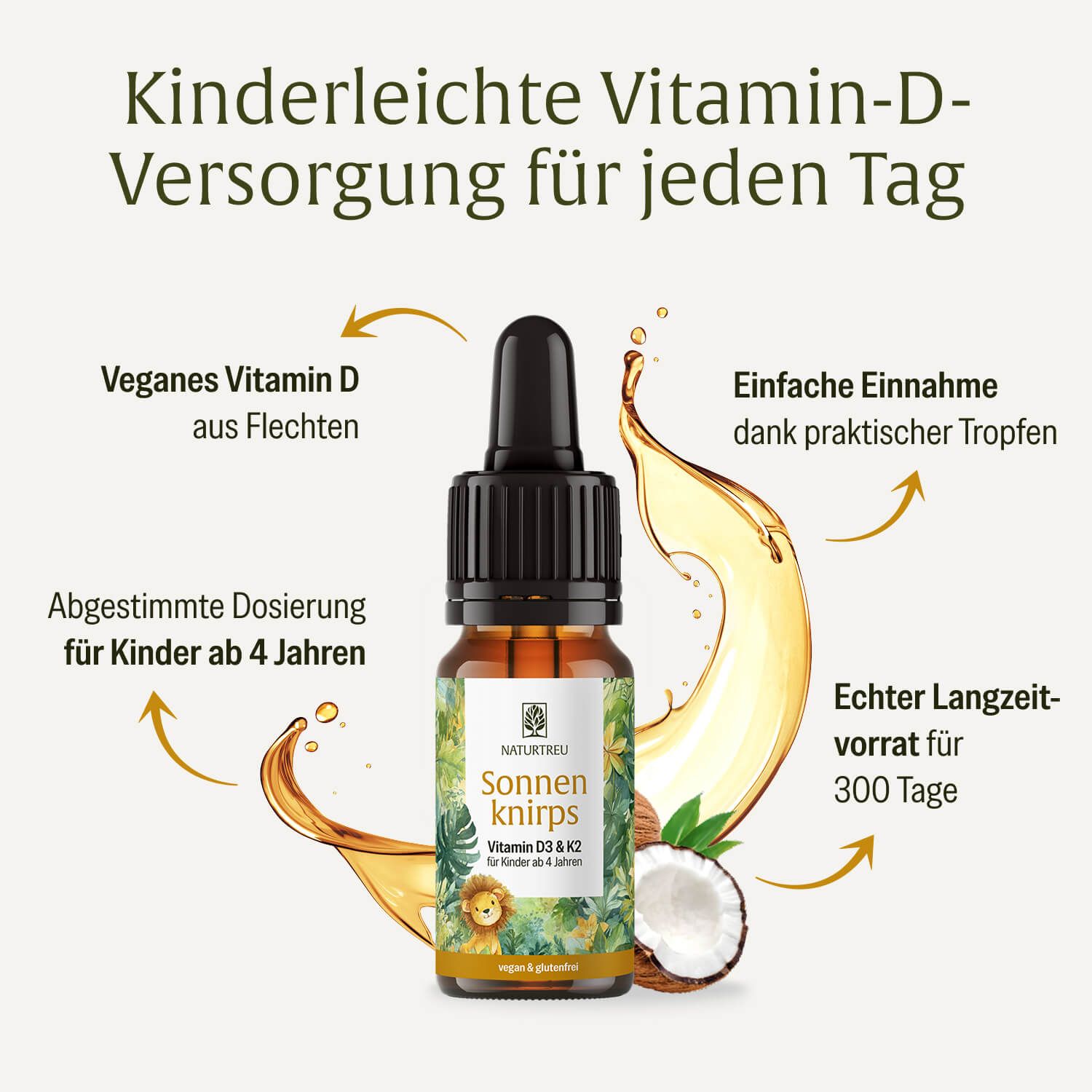 Flasche und Karton Sonnenknirps Vitamin D3 & K2 für Kinder ab 4 Jahren, mit Löwenmotiv.