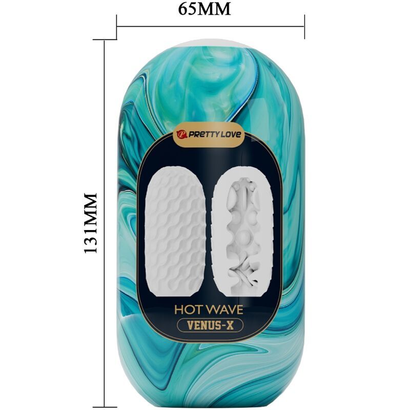 Verpackung des Masturbators. Blau-grüne Marmorierung. Produktansicht mit geöffnetem und geschlossenem Teil. Maße: 131x65mm. Aufschrift: 'HOT WAVE'.