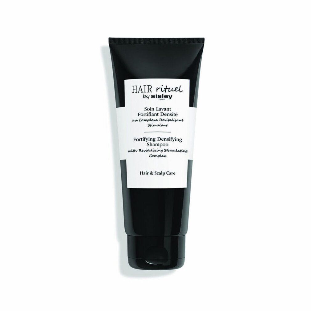 Schwarze Tube mit weißem Etikett. Text: Hair Rituel by Sisley, Fortifying Densifying Shampoo.