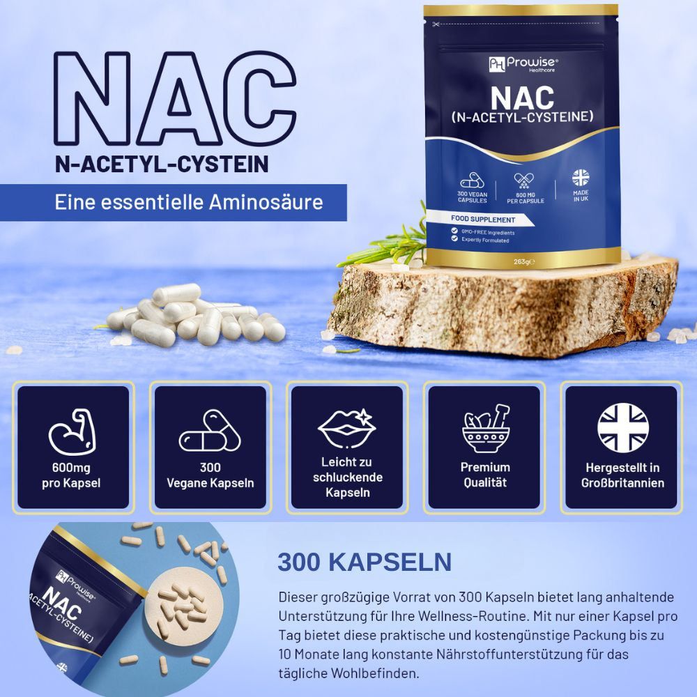 Produktverpackung mit NAC (N-Acetyl-Cystein) Kapseln. 300 vegane Kapseln, 600mg pro Kapsel. Hergestellt in Großbritannien.