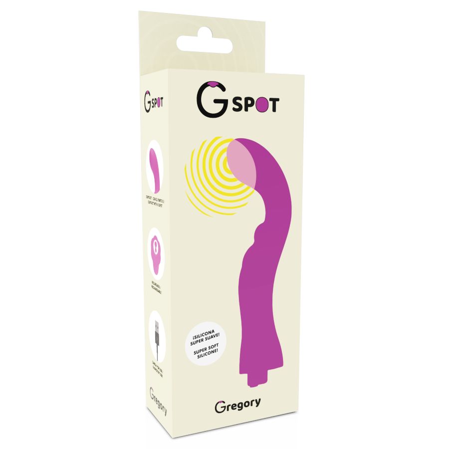 Verpackung für einen Vibrator. Auf der Verpackung sind Produktabbildungen und der Schriftzug "G Spot" und "Gregory" zu sehen.