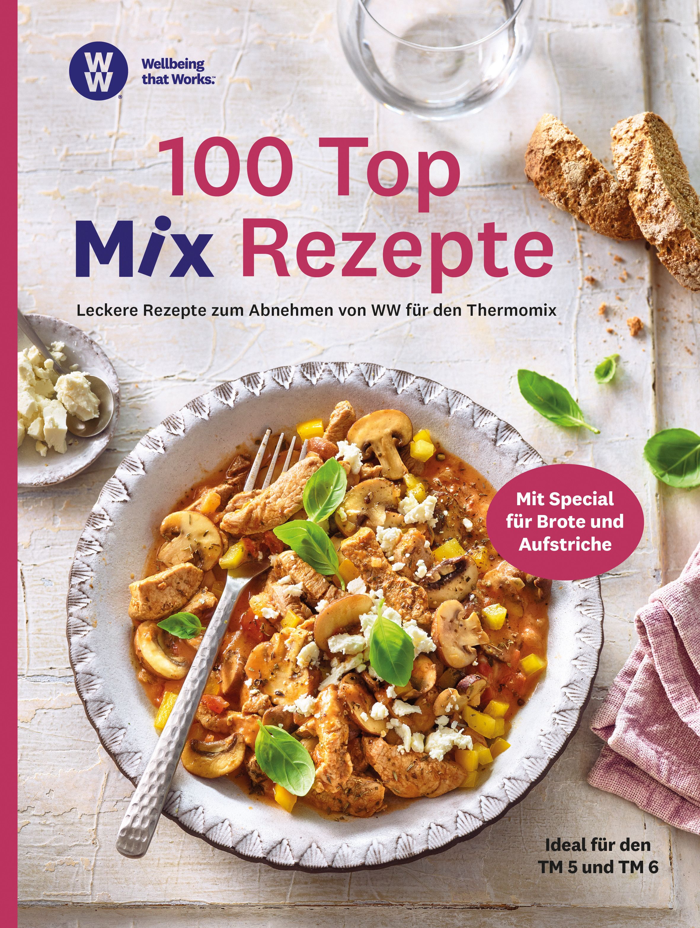 Kochbuch mit dem Titel "100 Top Mix Rezepte". Auf dem Cover ein Gericht mit Pilzen und Fleisch. Logo von WW.