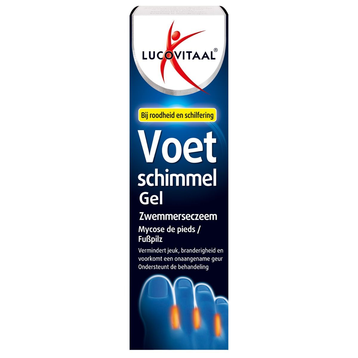 Tube de gel pour mycose des pieds. Logo et nom du produit en haut. Texte en néerlandais, français et allemand.