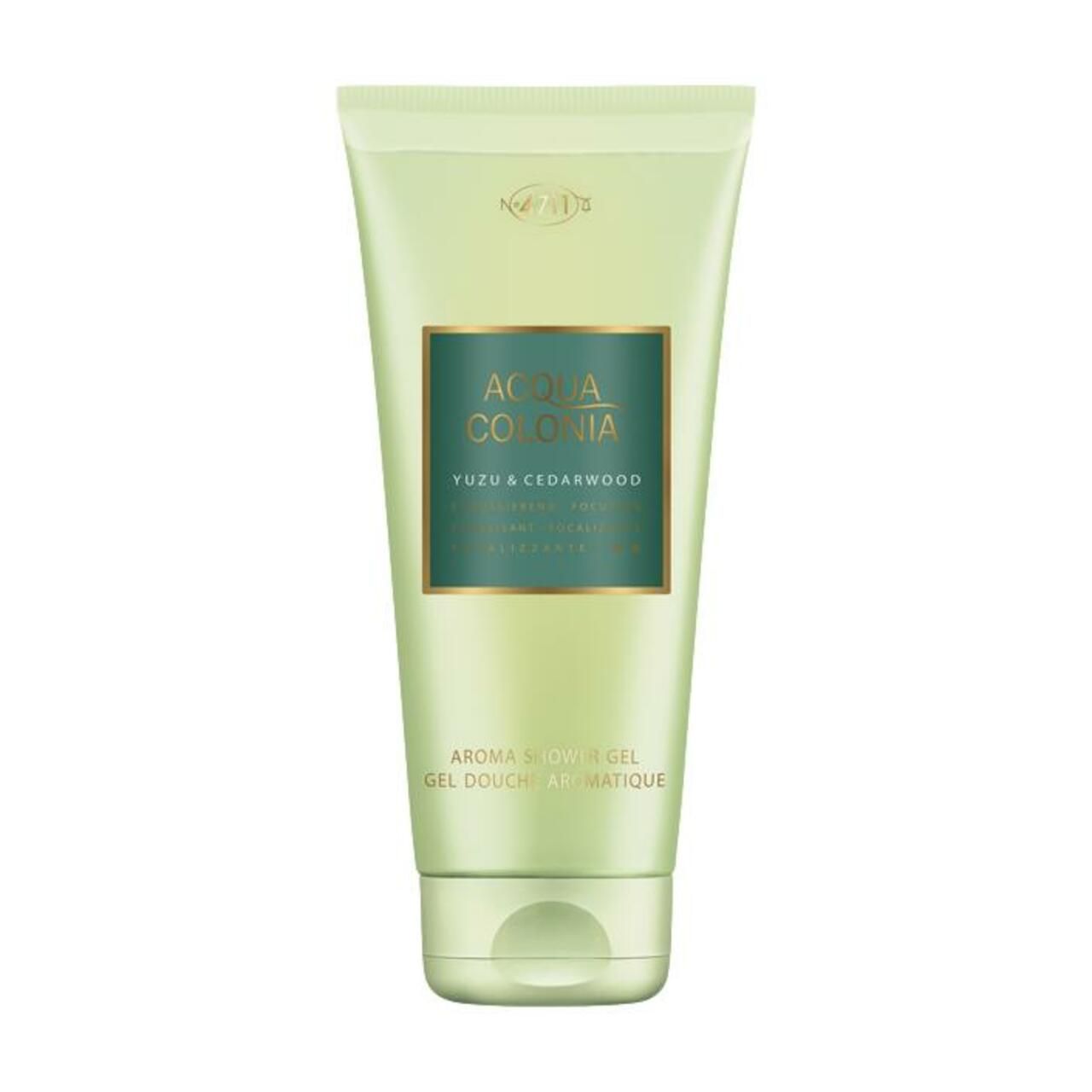Hellgrüne Tube mit grünem Etikett. Text: Acqua Colonia, Yuzu & Cedarwood, Aroma Shower Gel. Grüner Deckel.