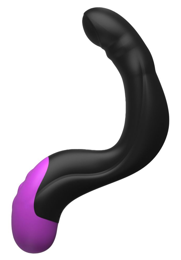 Schwarzer, geschwungener Massager mit violettem, geriffeltem Ende.