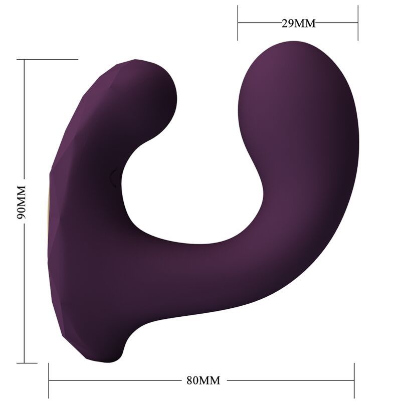 Lila Vibrator mit U-Form. Maße: 90x80x29mm. Goldfarbene Öffnung. Geometrische Oberfläche.