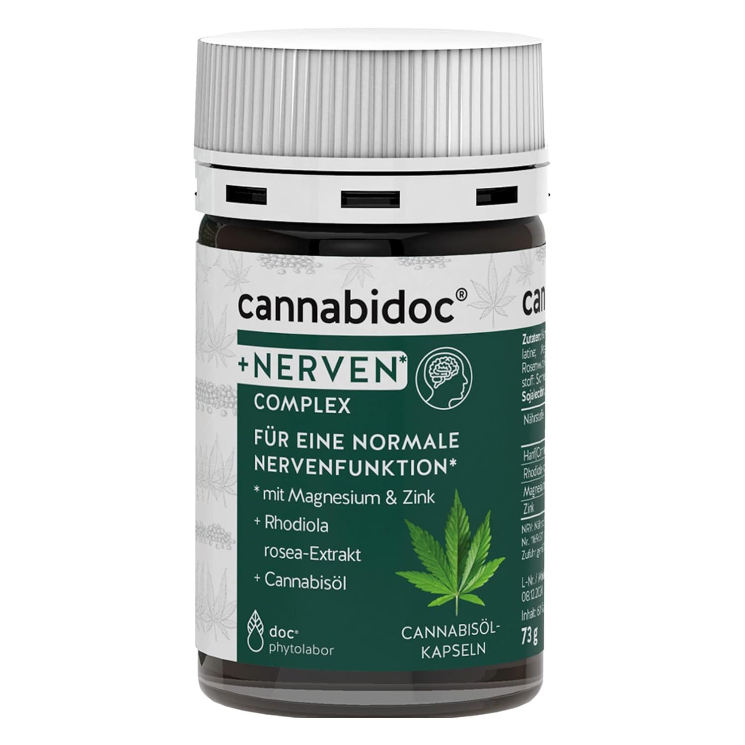 Braune Dose mit weißem Deckel. Aufschrift cannabidoc® +NERVEN* COMPLEX. Grün-weißes Design, Cannabisblatt.