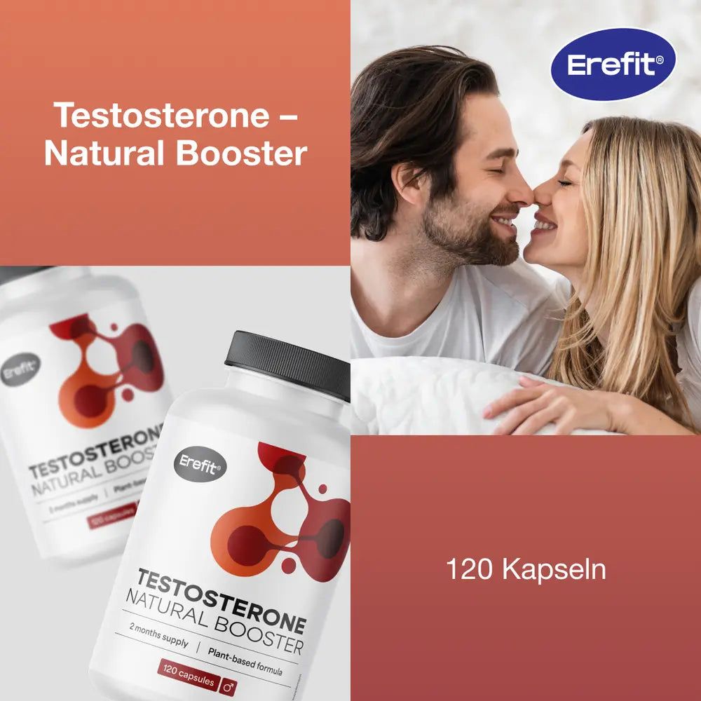Flaschen mit Erefit Testosteron Natural Booster. Text: Steigern Sie Ihre Vitalität mit einem natürlichen Booster.