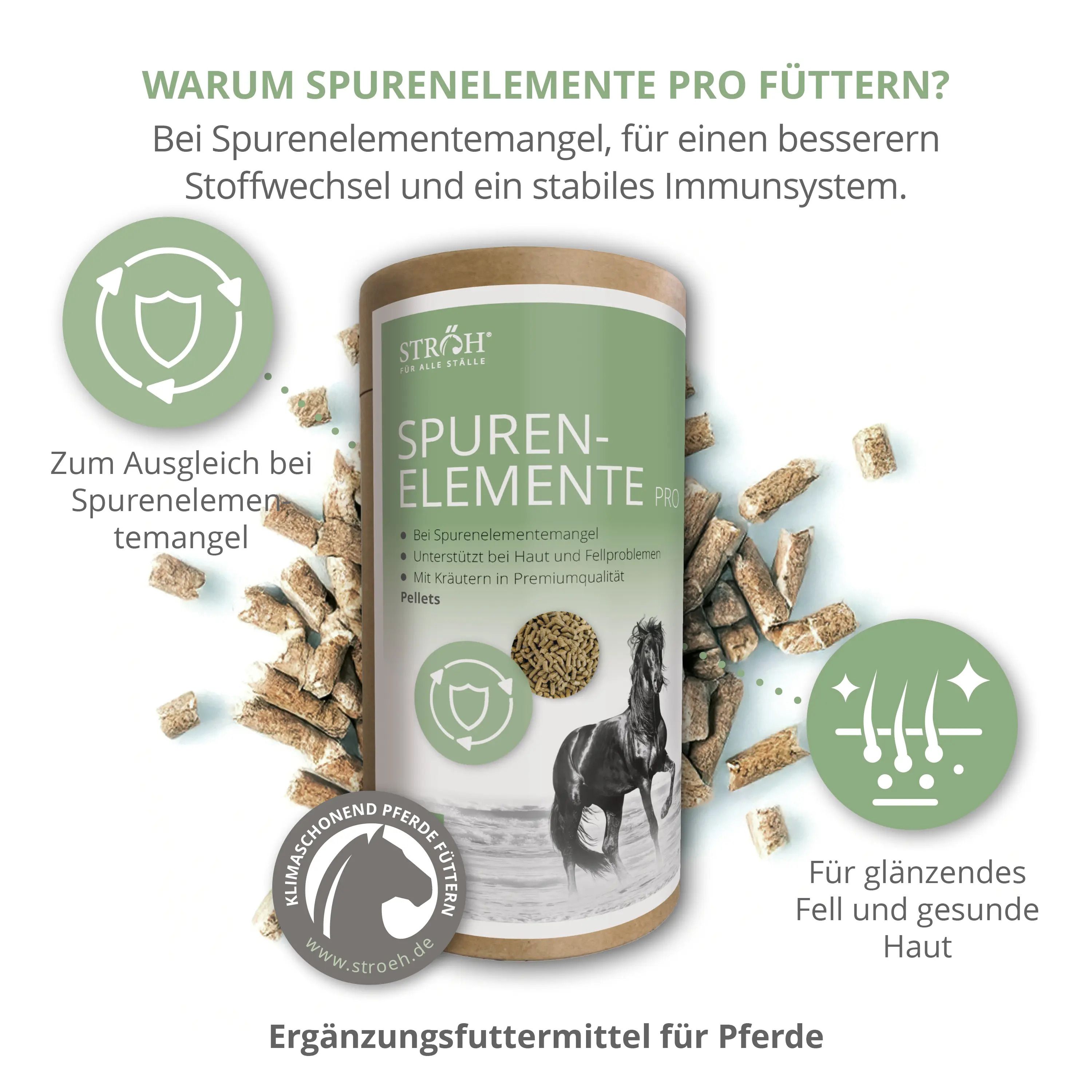 Zylindrische Dose STRÖH Spurenelemente Pro Pellets. Produktabbildung, Pellets und Illustrationen. Text: Ergänzungsfuttermittel für Pferde.