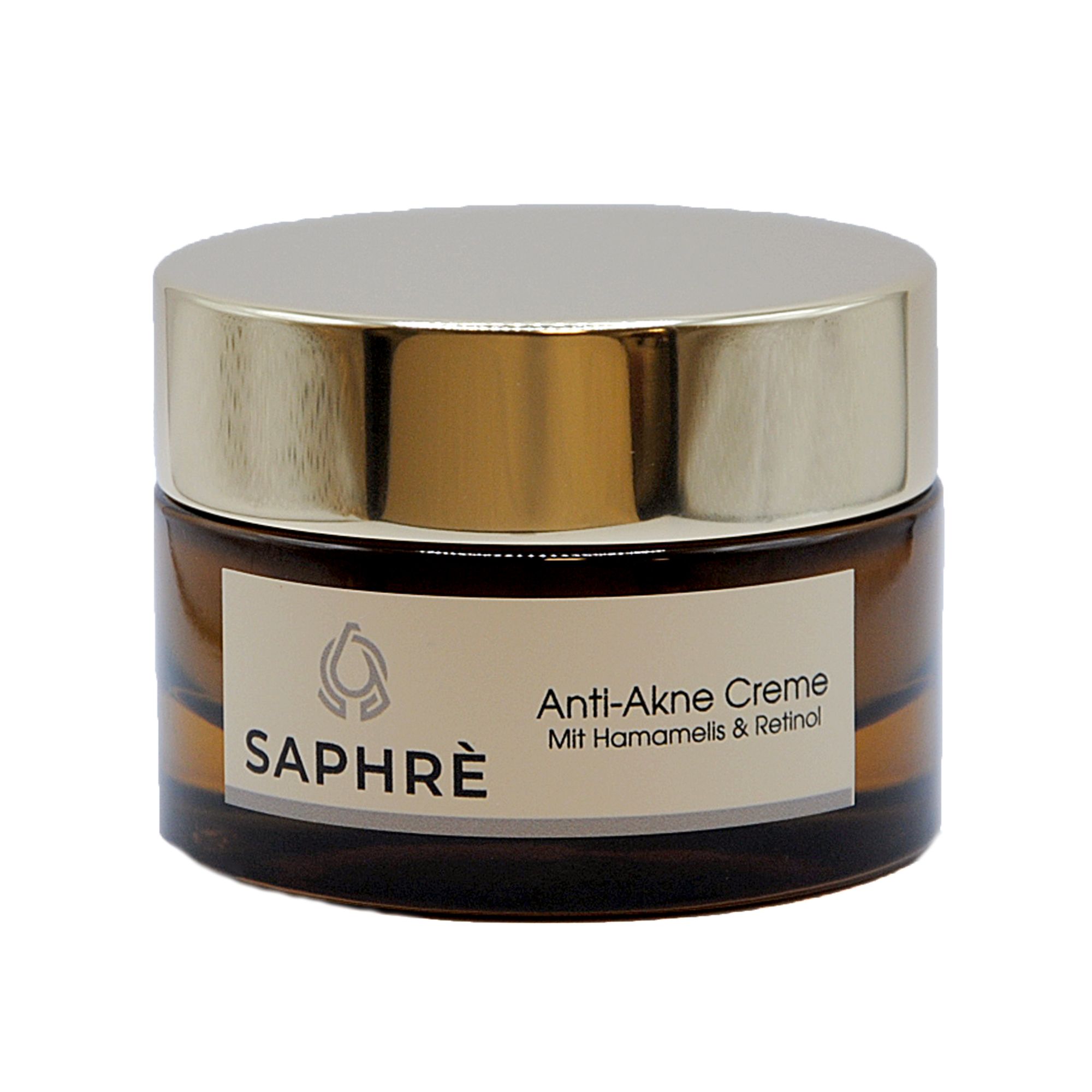 Braunes Glas mit goldfarbenem Deckel. Etikett mit "SAPHRE" und "Anti-Akne Creme".