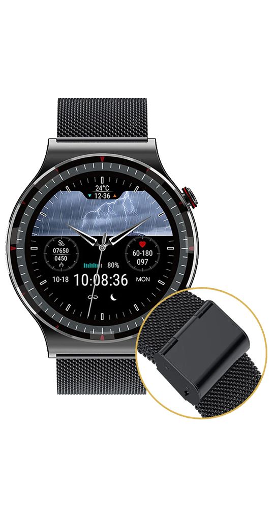 Schwarze Smartwatch mit rundem Zifferblatt. Zeigt Uhrzeit, Datum, Temperatur und Wetter. Metallarmband mit Magnetverschluss.