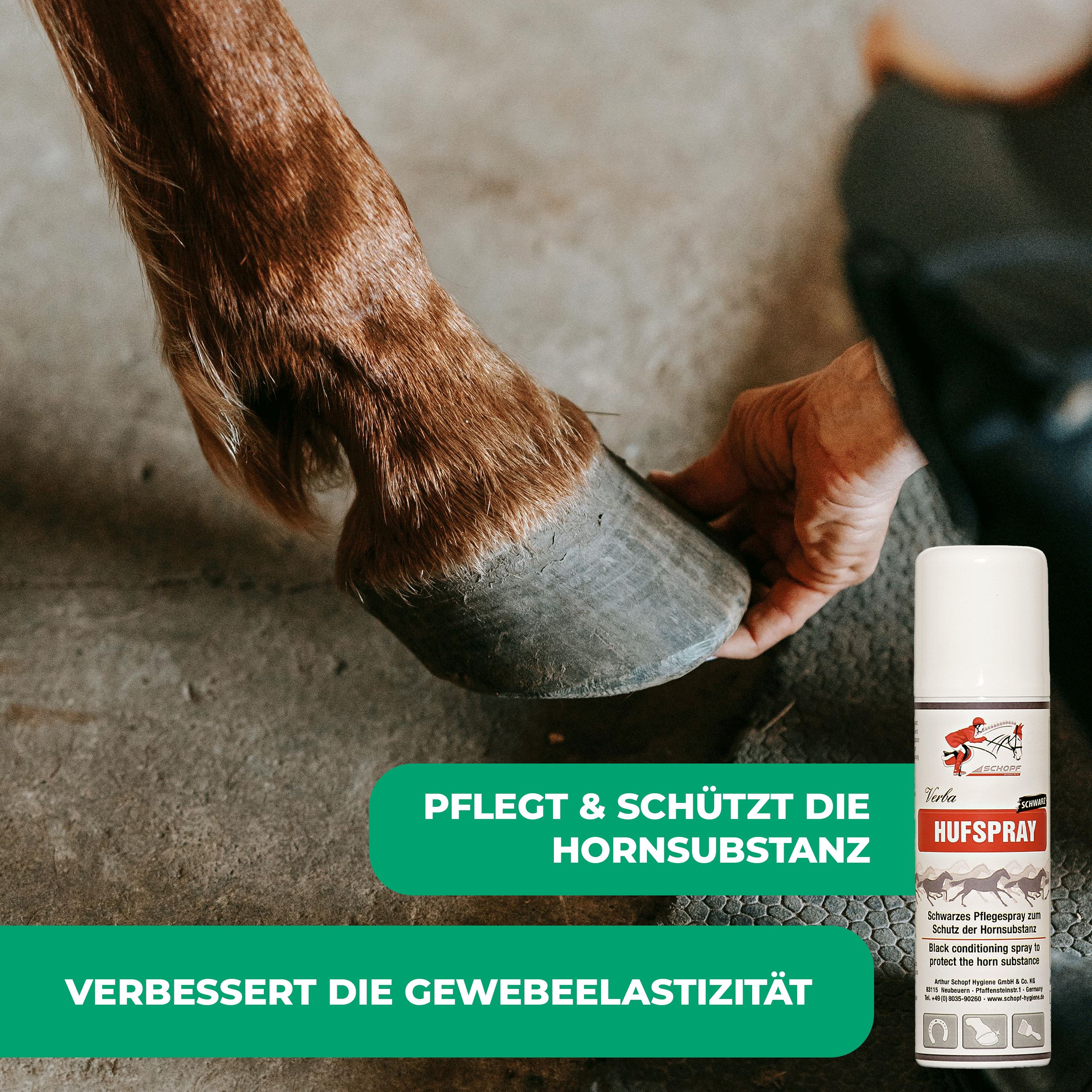 Hufspray-Dose neben Pferdehufe. Text: Pflegt & schützt die Hornsubstanz. Verbessert die Gewebeelastizität.