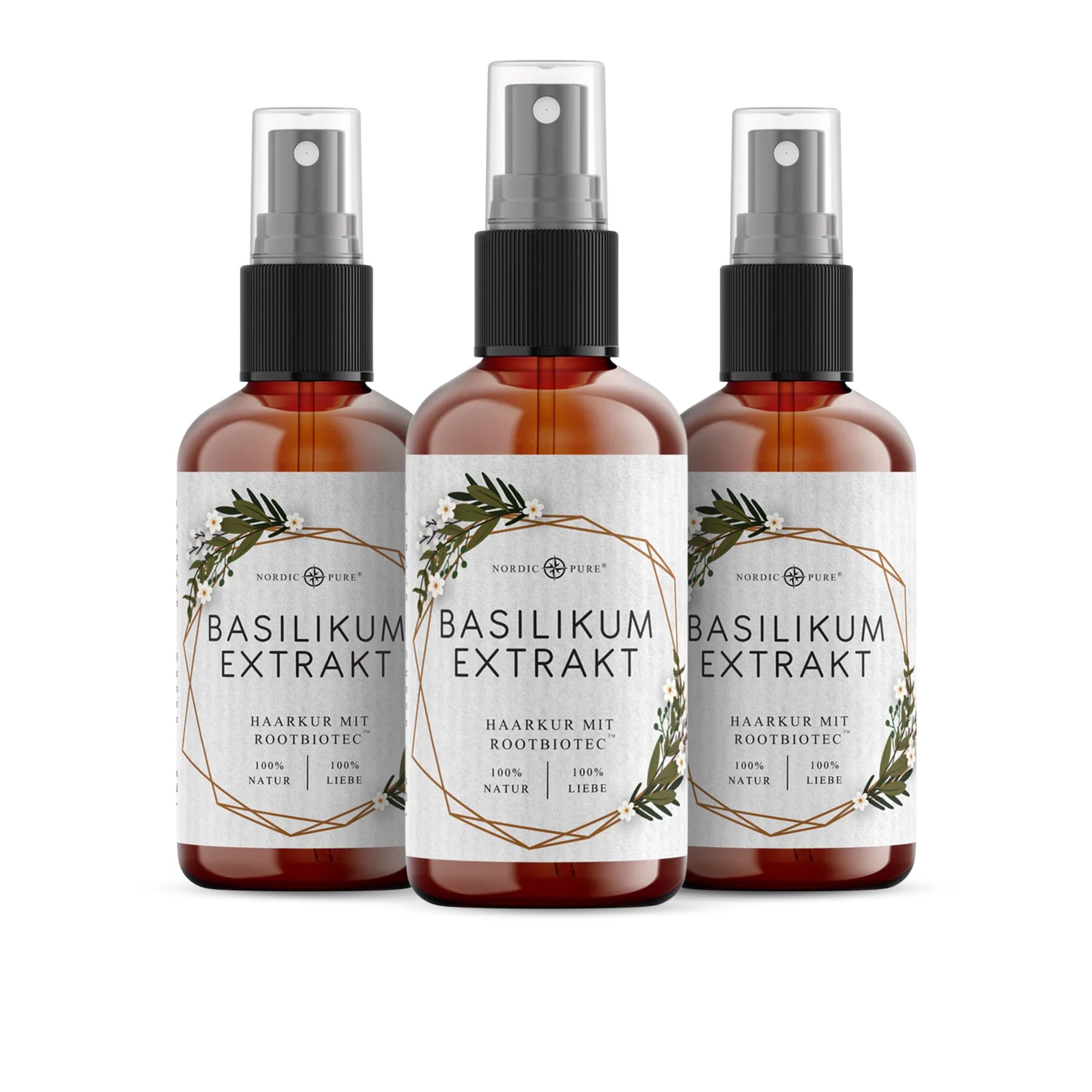 Drei braune Sprühflaschen mit Etikett. Text: Basilikum Extrakt, Haarkur mit RootBioTec™. Logo: 100% Natur, Liebe.