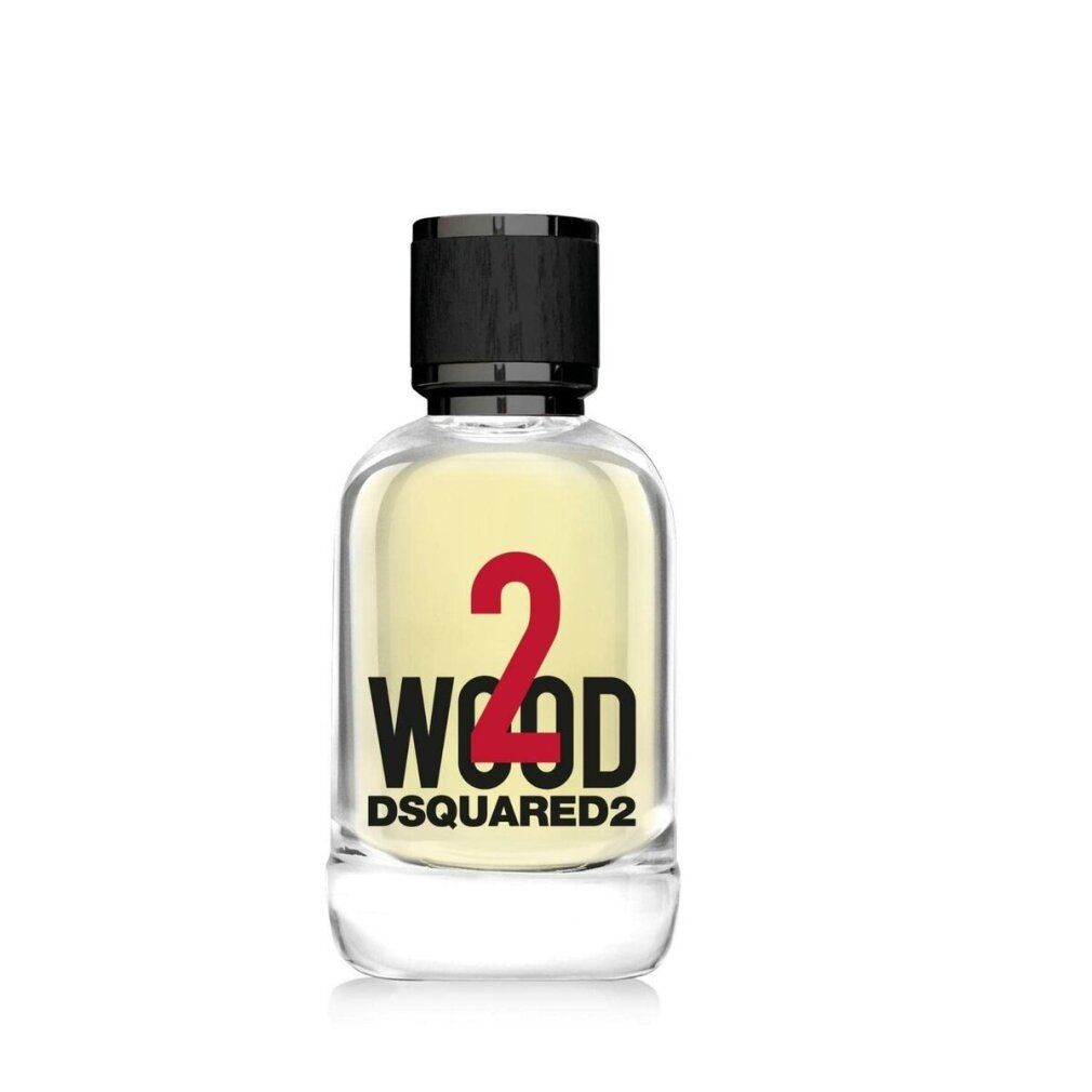 Glasflakon mit schwarzem Deckel. Aufschrift: 2 WOOD DSQUARED2.