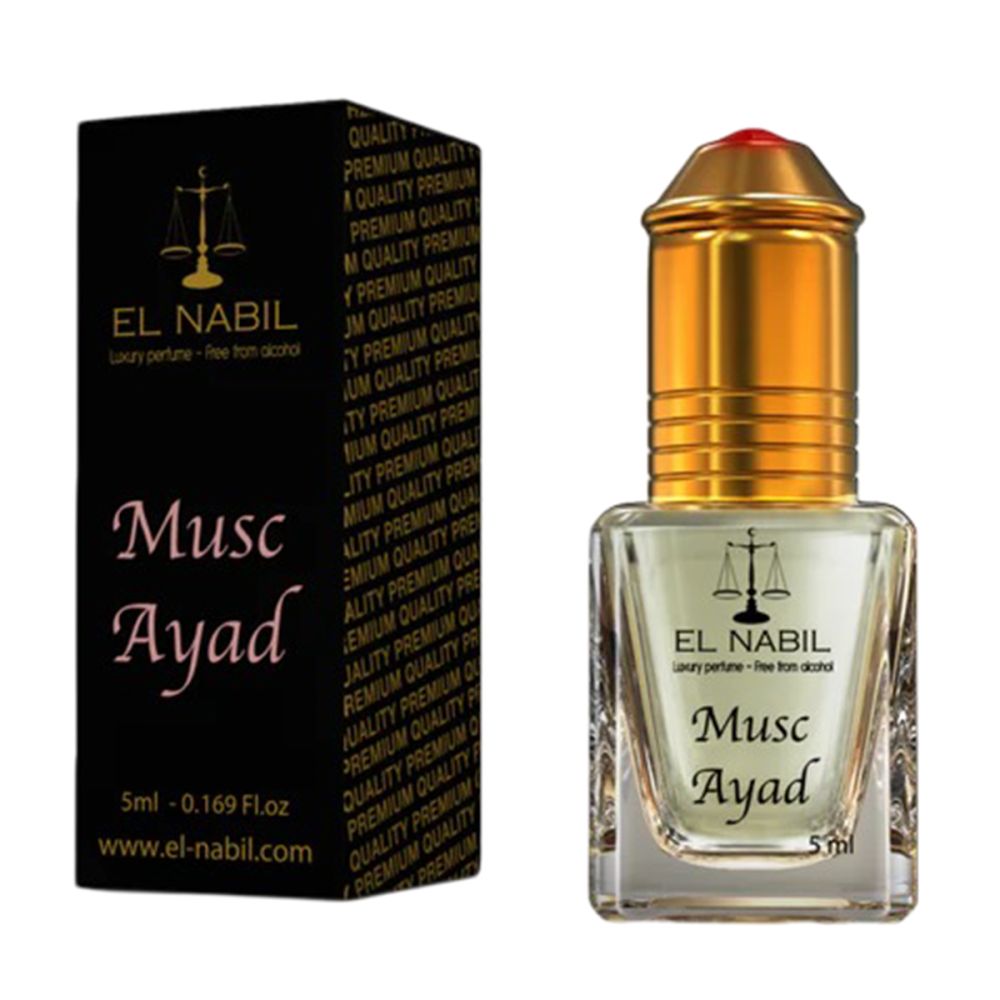 Parfümflakon mit goldener Kappe und schwarzer Verpackung. Aufschrift: Musc Ayad, El Nabil. 5ml.