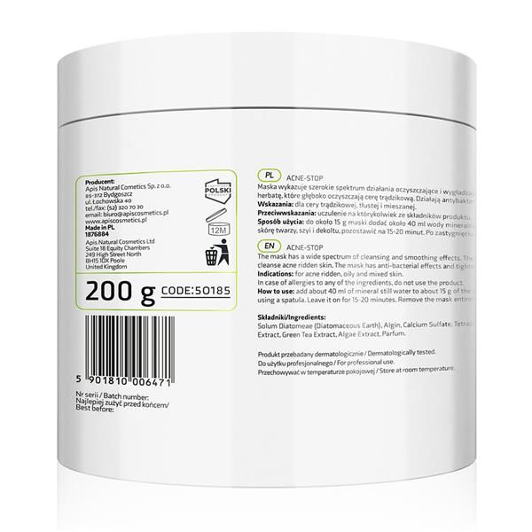 Rückseite des weißen Tiegels. Text in Polnisch und Englisch. Aufschrift: 200 g, CODE: 50185. Barcode. Informationen zur Anwendung.