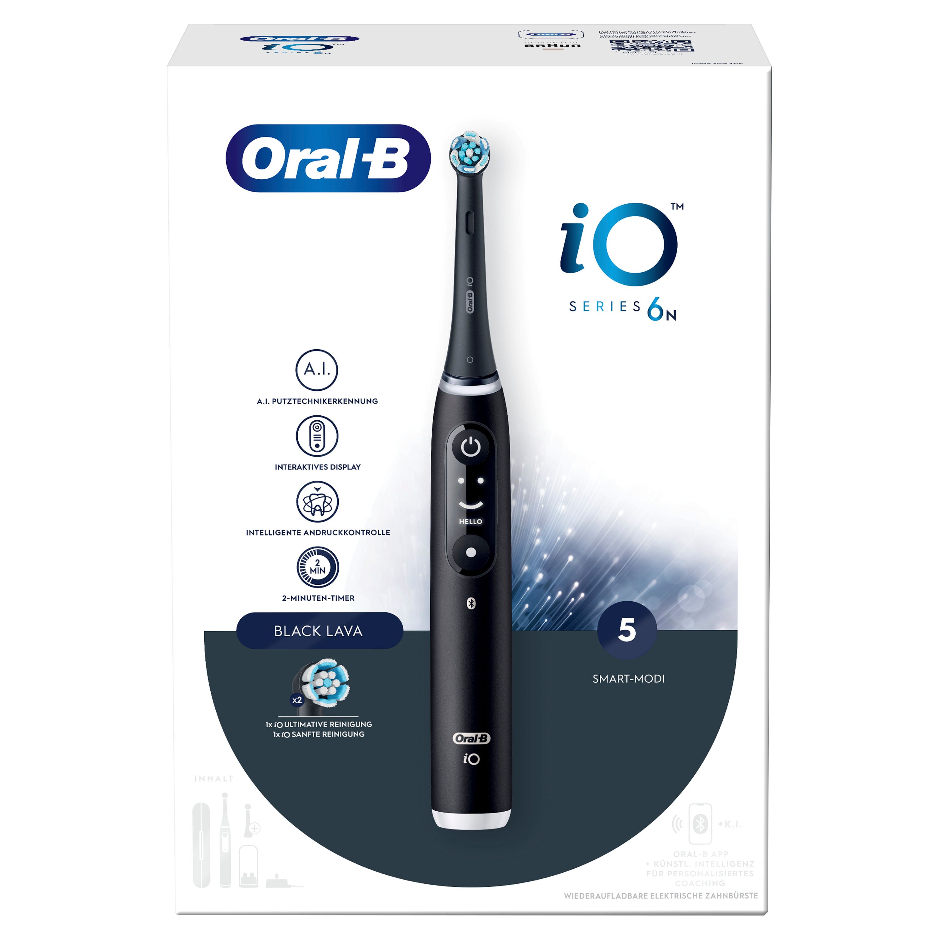 Elektrische Zahnbürste in Schwarz, mit Verpackung. Marke Oral-B, Modell iO Series 6. Enthält 5 Putzmodi und A.I. Putztechnikerkennung.