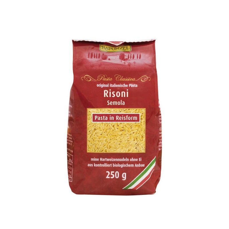 Rote Verpackung mit Aufschrift "Risoni Semola". Enthält Pasta in Reisform. 250g. Bio-Qualität.