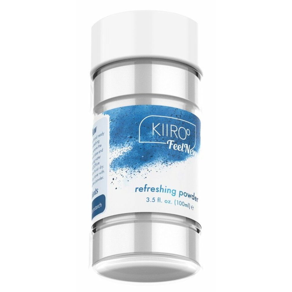 Zylindrische Flasche mit weißem Deckel. Aufschrift: Kiiroo FeelNew, refreshing powder. 3.5 fl. oz. (100ml) e.