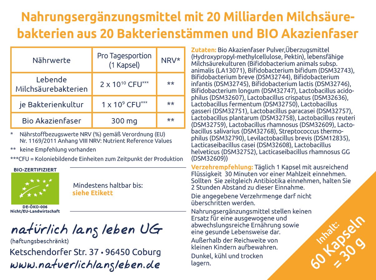 Nährwerttabelle mit Informationen zu Milchsäurebakterien und Bio-Akazienfaser. Enthält 60 Kapseln, 30 g. Bio-Zertifizierung.
