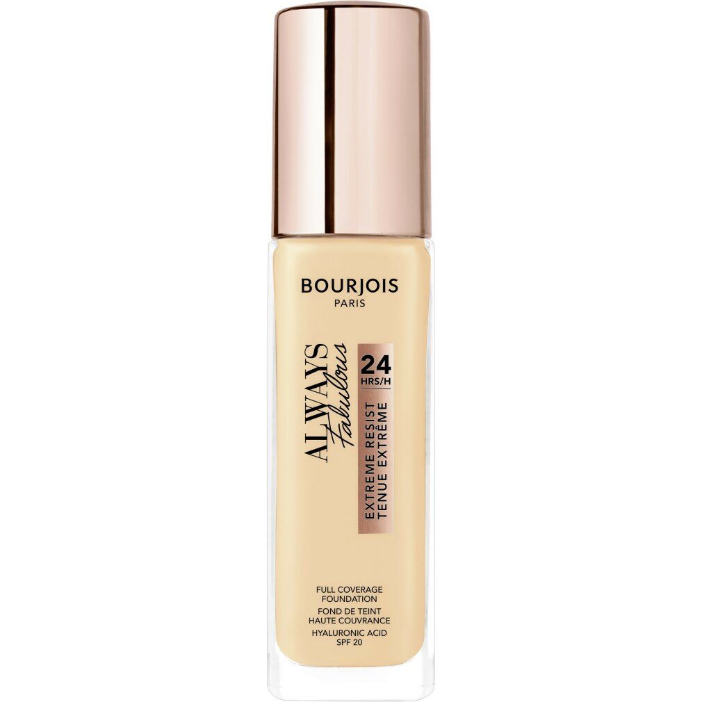 Bourjois Always Fabulous Foundation-Flakon mit roségoldenem Deckel. Aufschrift: Always Fabulous, 24H, Extreme Resist.