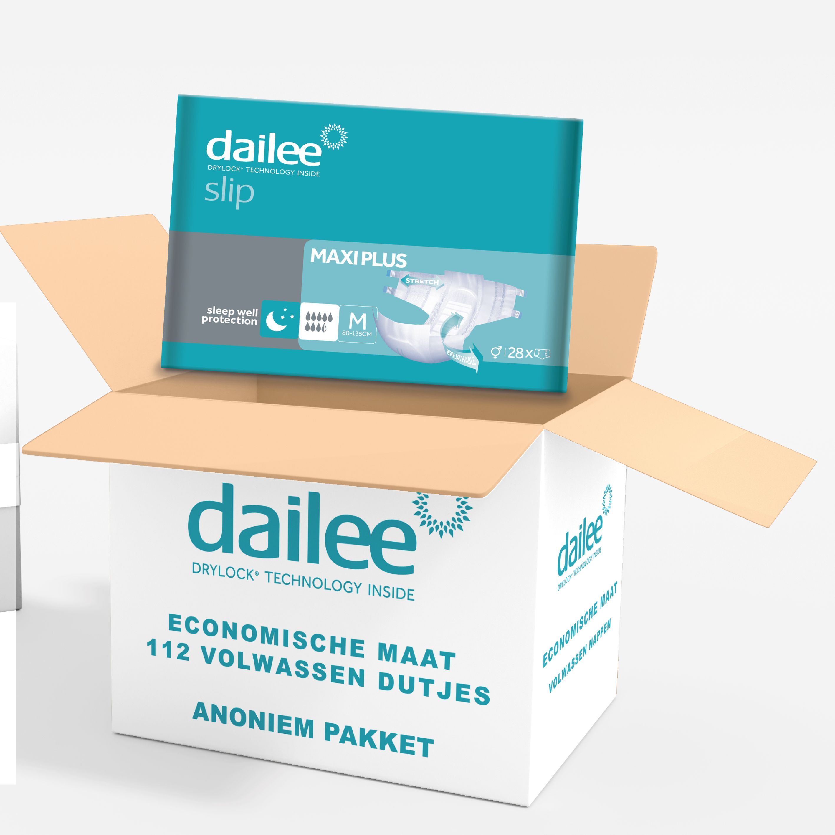 Doos met Dailee Slip Maxi Plus. 112 stuks. Verpakking in de doos. Anonieme doos met productinformatie.