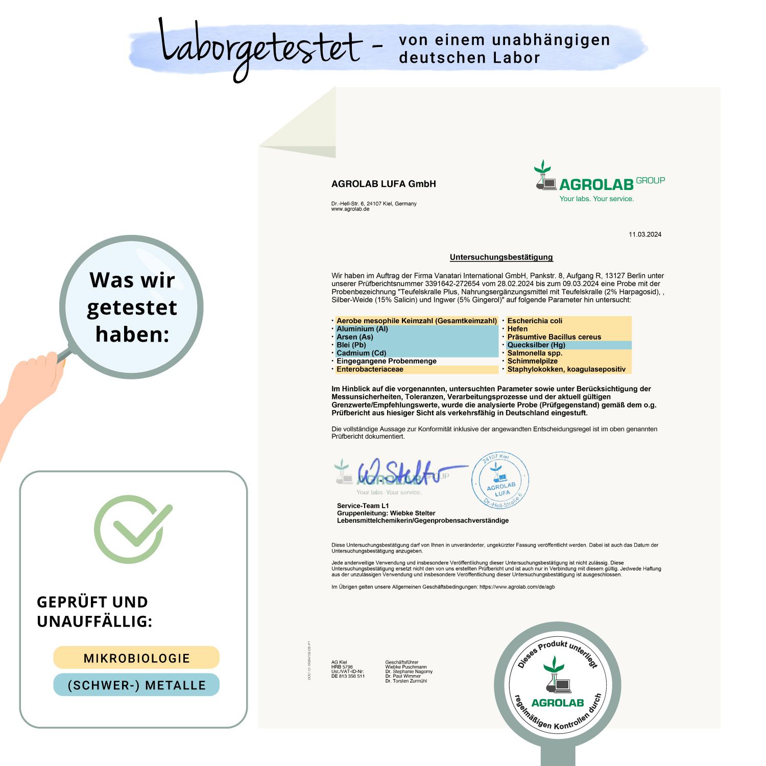 Zertifikat von Agrolab. Mikrobiologie und Schwermetalle geprüft. Logo Agrolab. Geprüft und unauffällig.