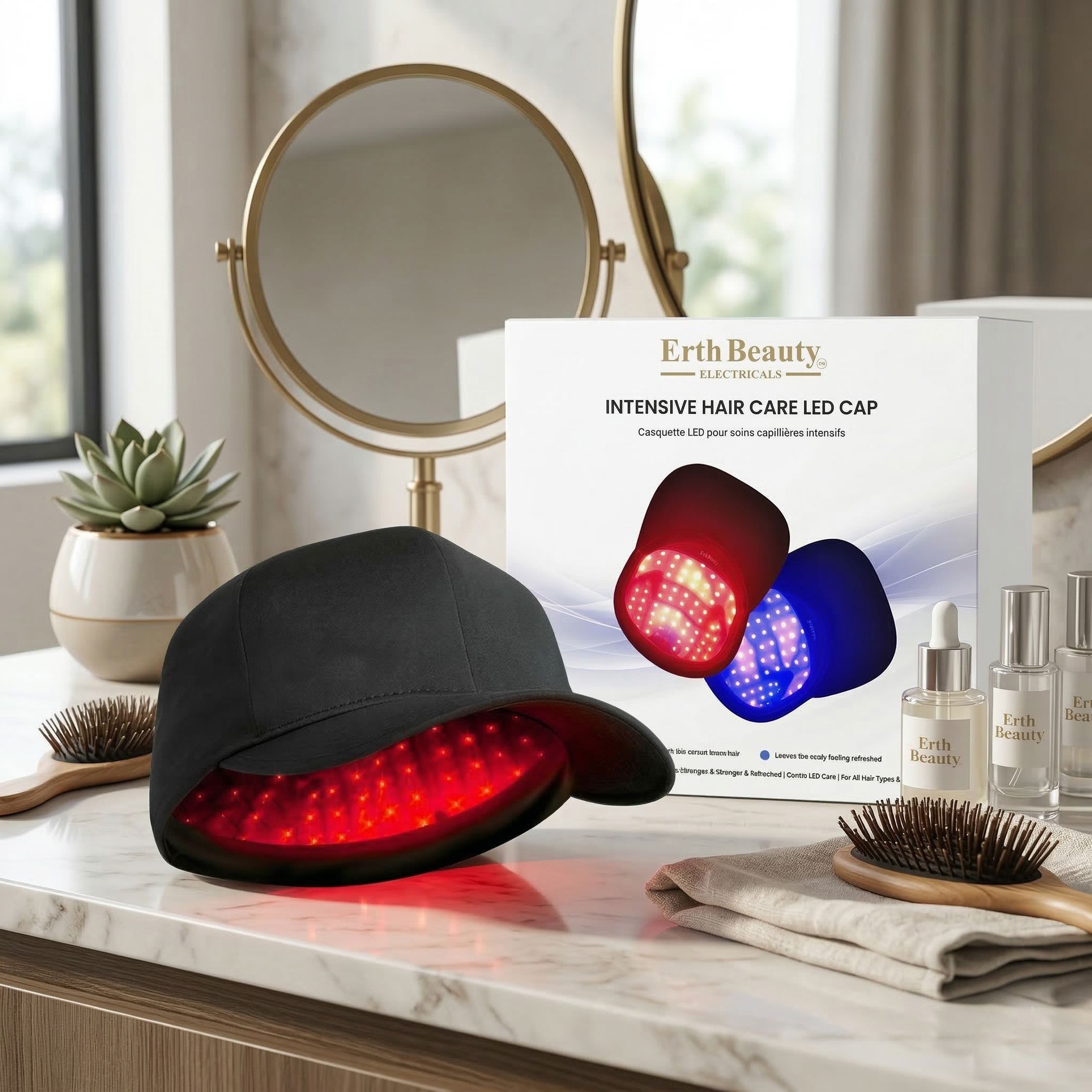 Schwarze LED-Haarpflegekappe mit roten Lichtern, neben der Verpackung und Pflegeprodukten.