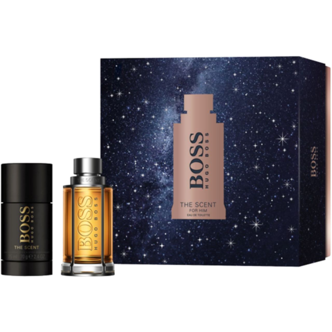 Geschenkset mit Duft, Deodorant-Stick und Box. Schwarze und goldene Elemente. Sternenhimmel-Design auf der Box.