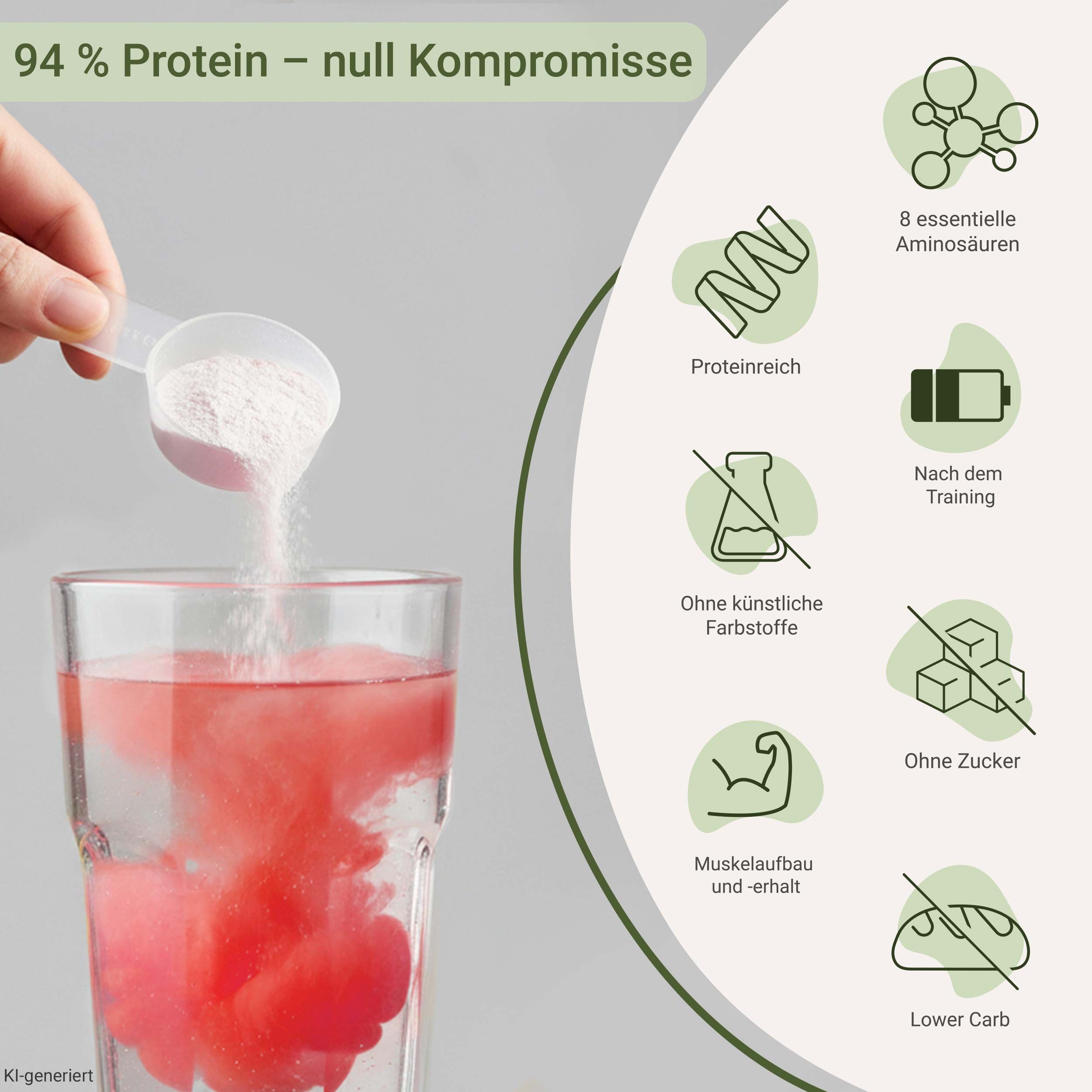 Ein Löffel Proteinpulver löst sich in einem Glas Wasser auf. Icons zeigen 8 essentielle Aminosäuren, proteinreich, nach dem Training, ohne künstliche Farbstoffe, ohne Zucker, Muskelaufbau und -erhalt, Lower Carb.