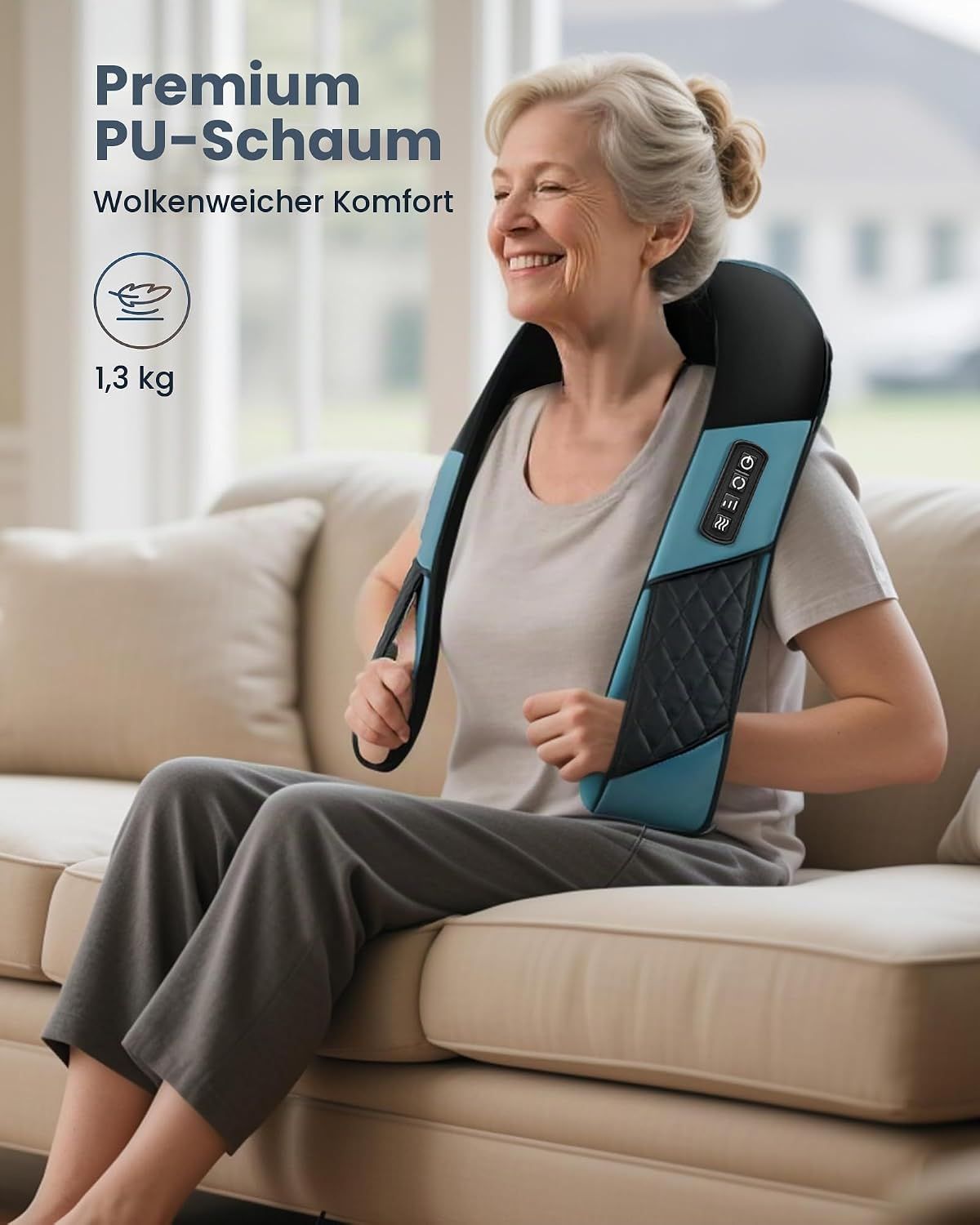 Nackenmassagegerät mit Bedienelementen für Leistung, Richtung, Intensität und Heizung.