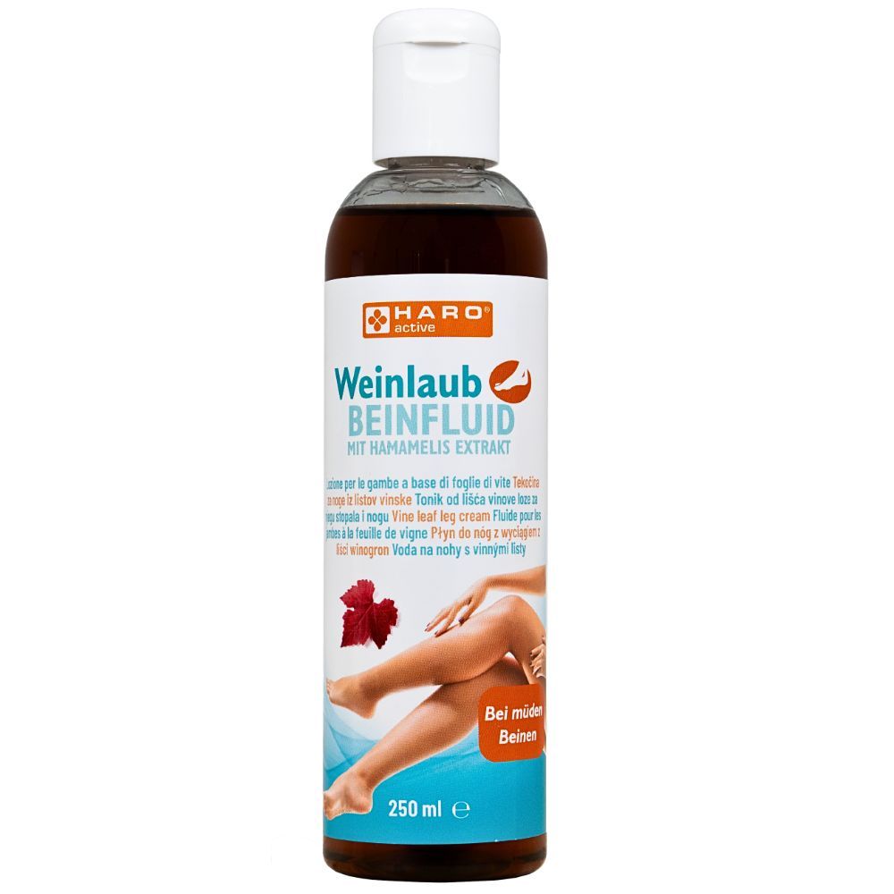 Braune Flüssigkeit in einer Flasche mit weißem Deckel. Aufschrift: Haro Weinlaub Beinfluid. Abbildung einer Frau mit Beinen. 250 ml.