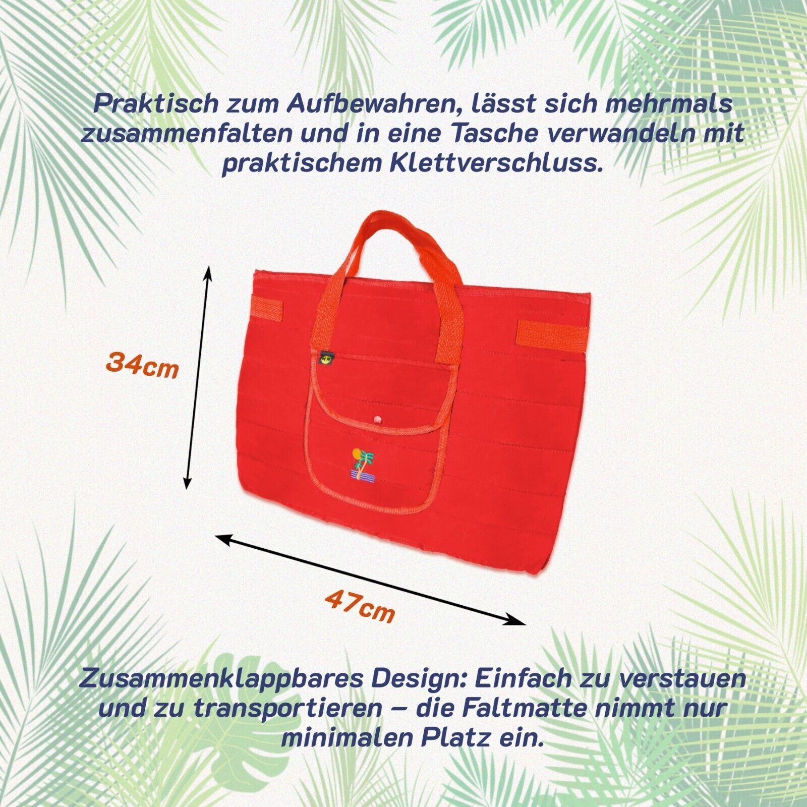 Rote Faltmatte mit Tragegriff. Maße: 47cm breit, 34cm hoch. Text: Zusammenklappbares Design: Einfach zu verstauen und zu transportieren.