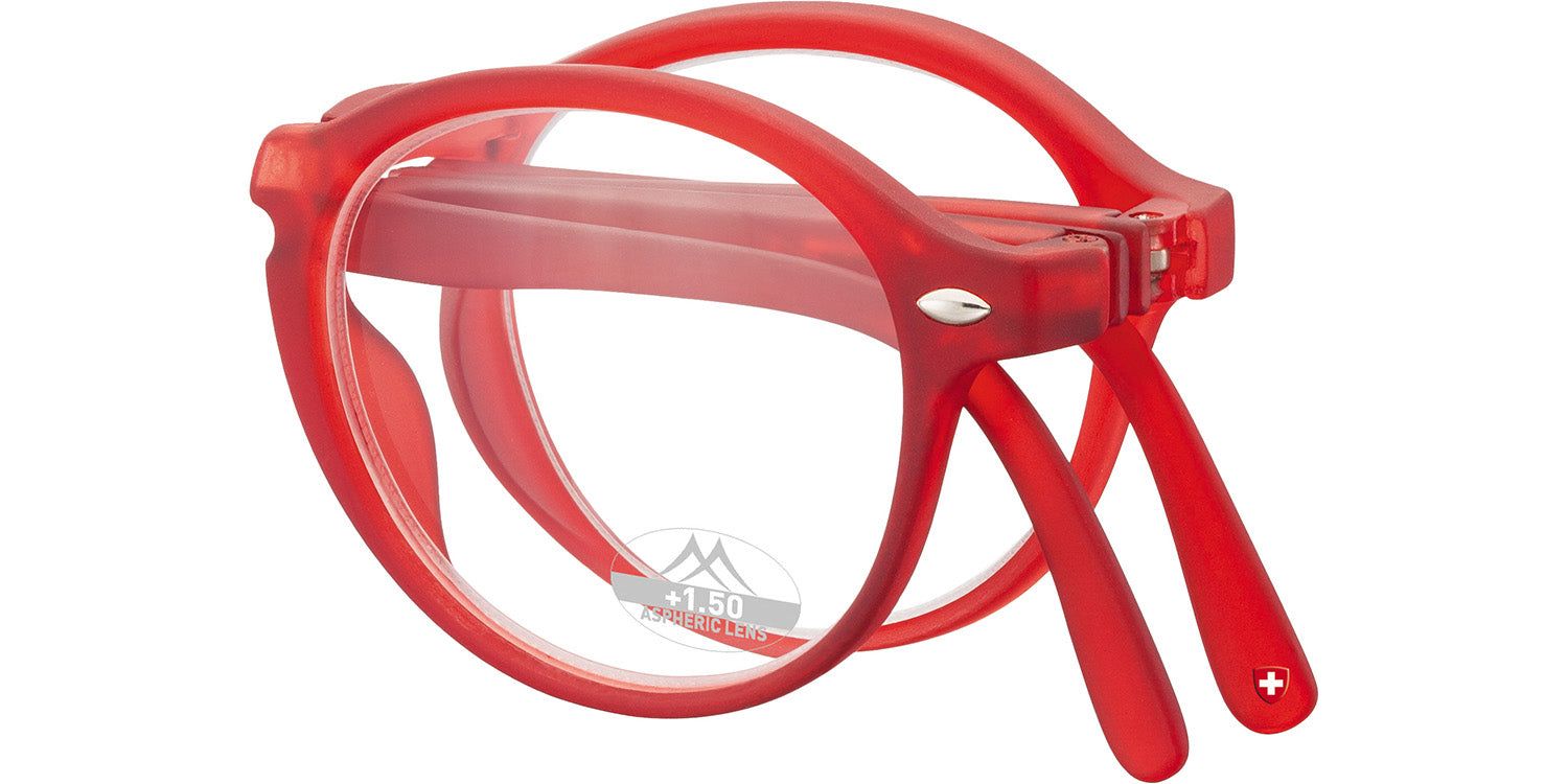 Rote, zusammengeklappte Lesebrille. Runde Gläser, Kunststoffrahmen. Logo und Stärke +1.50 sichtbar.