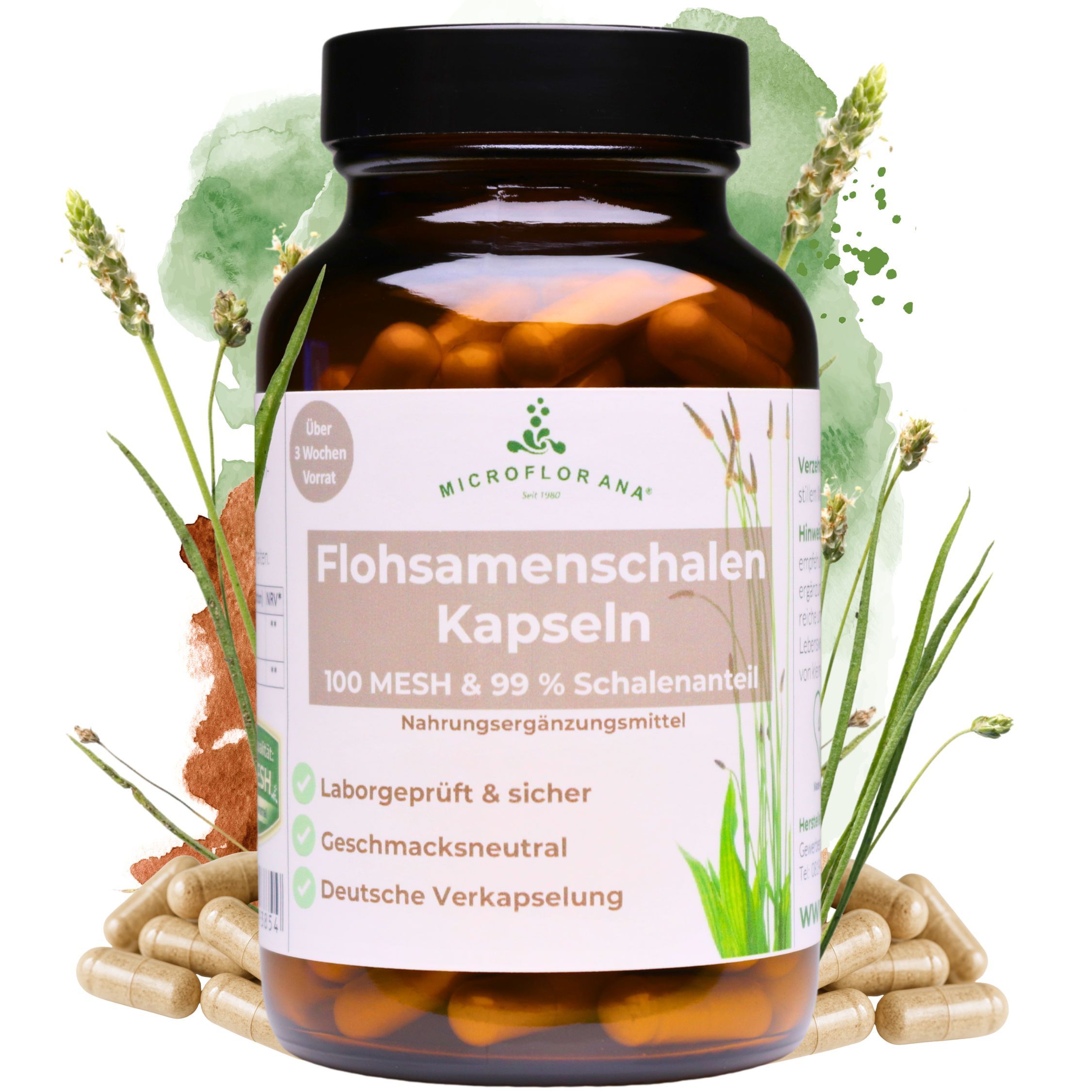 MICROFLORANA® Flohsamenschalen Kapseln hochdosiert - Natürliche Ballaststoffe - Vegan - im Glas