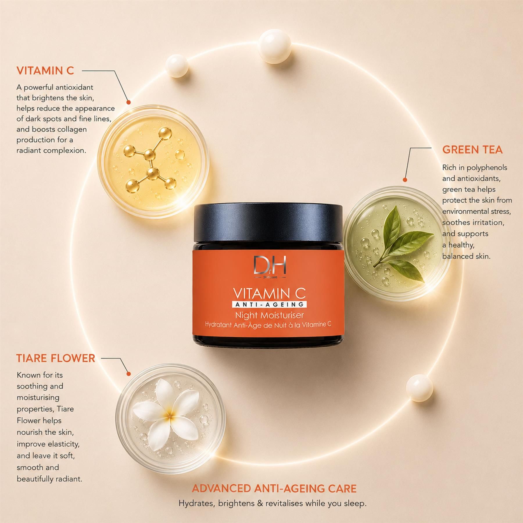 Dr H Vitamin C Nachtcreme mit Inhaltsstoffen: Vitamin C, grüner Tee, Tiare-Blüte.