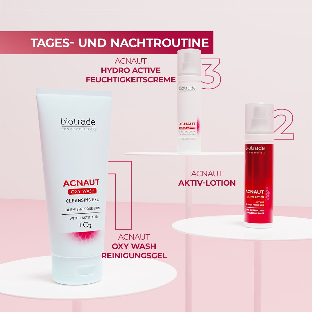 Produkt-Tube mit Text. Text: Acnaut Oxy Wash Cleansing Gel. Daneben zwei weitere Produkte.