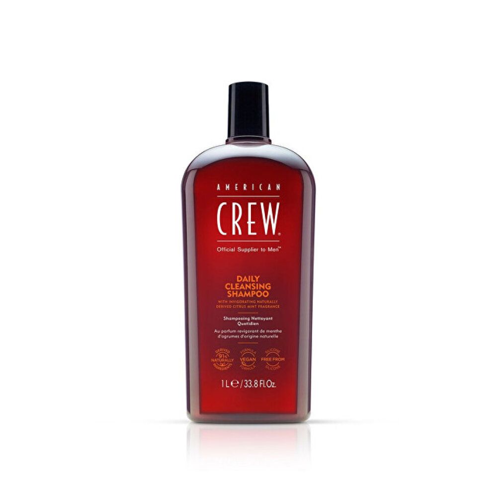 American Crew Daily Cleansing Shampoo, rote 1L Flasche mit schwarzem Verschluss.