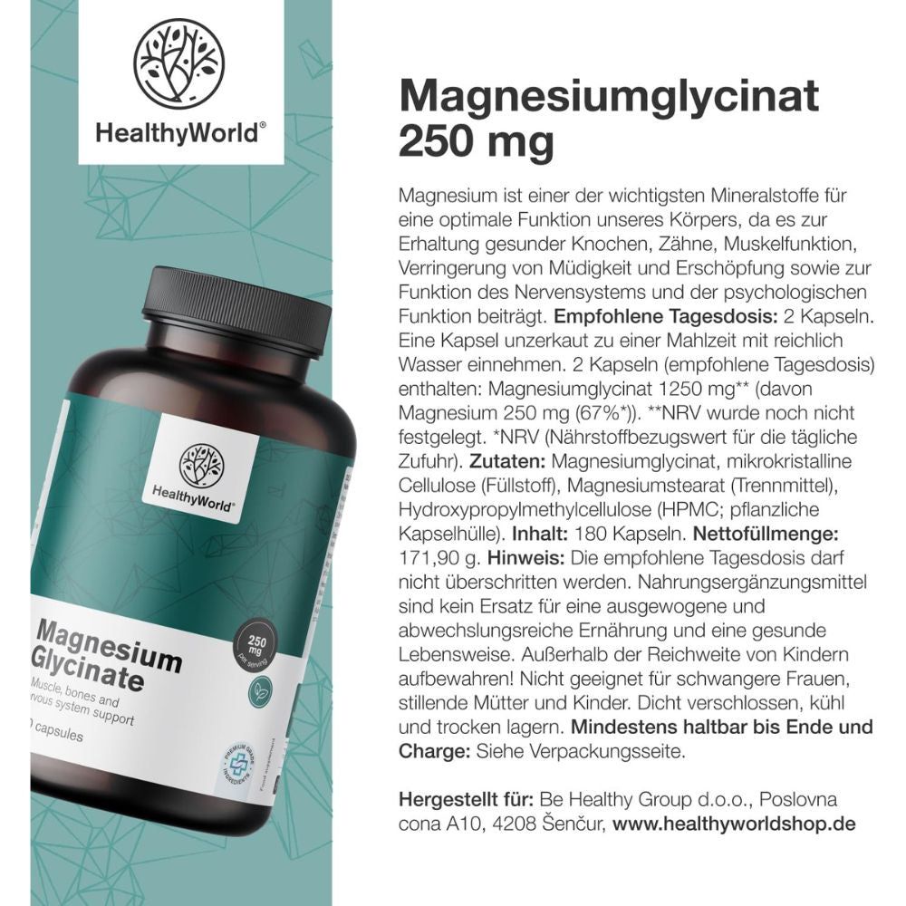 Flasche Magnesiumglycinat, 250 mg, 180 Kapseln. Marke: HealthyWorld. Text: Magnesium ist ein wichtigstes Mineral.