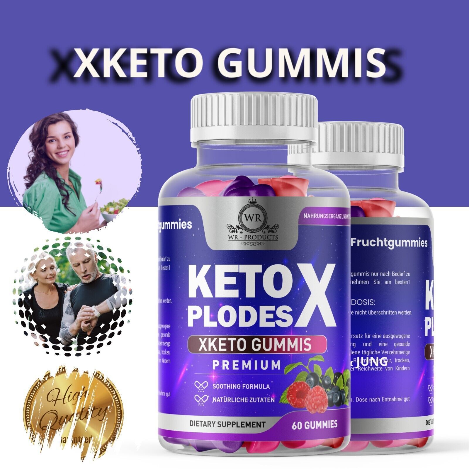 Zwei Flaschen KetoX Plodes Gummis. Etikett mit Produktnamen, Inhaltsstoffen und Logo. Abgebildet sind auch Personen und ein Qualitätslogo.