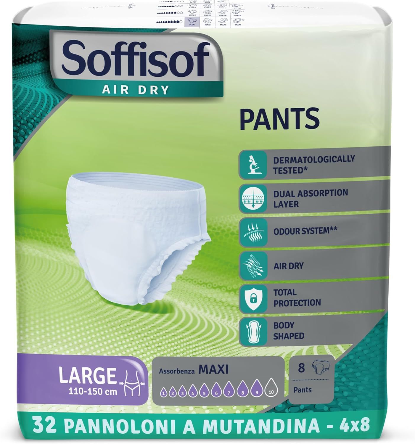 Soffisof Pants Maxi, taglia L, 110-150 cm. 8 pezzi. Confezione con caratteristiche del prodotto.