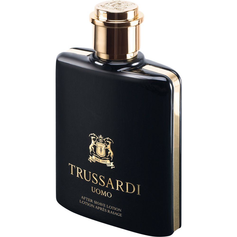 Schwarze Flasche mit goldenem Verschluss und Logo TRUSSARDI UOMO. Goldener Rand. Aufschrift: After Shave Lotion.