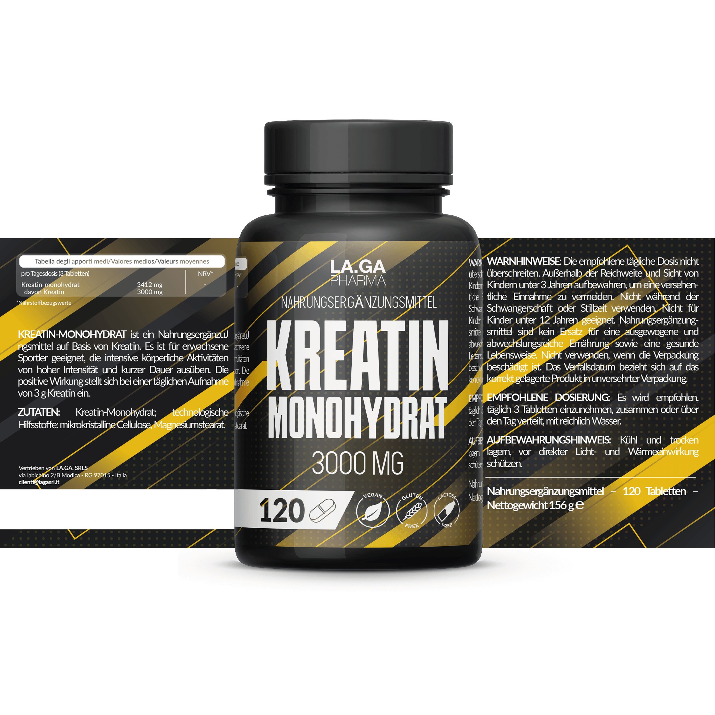 Schwarze Flasche mit Tabletten. Aufschrift: Kreatin Monohydrat 3000mg, 120 Tabletten. Marke: LA.GA Pharma. Vegan und rein.